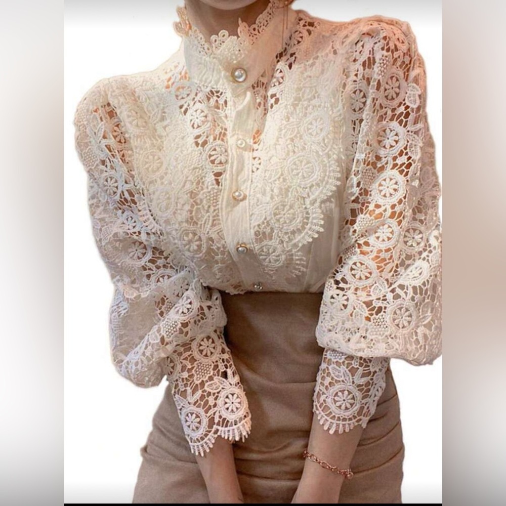 Mock neck Puff sleeve  Lace Blouse in Apricot